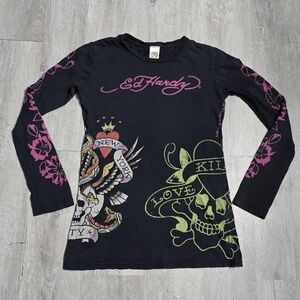 Vintage Y2K Ed Hardy Skulls Long Sleeve Tattoo Top Womens Grunge Goth Emo